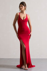 Red Cross Over Back Fishtail Maxi Dress